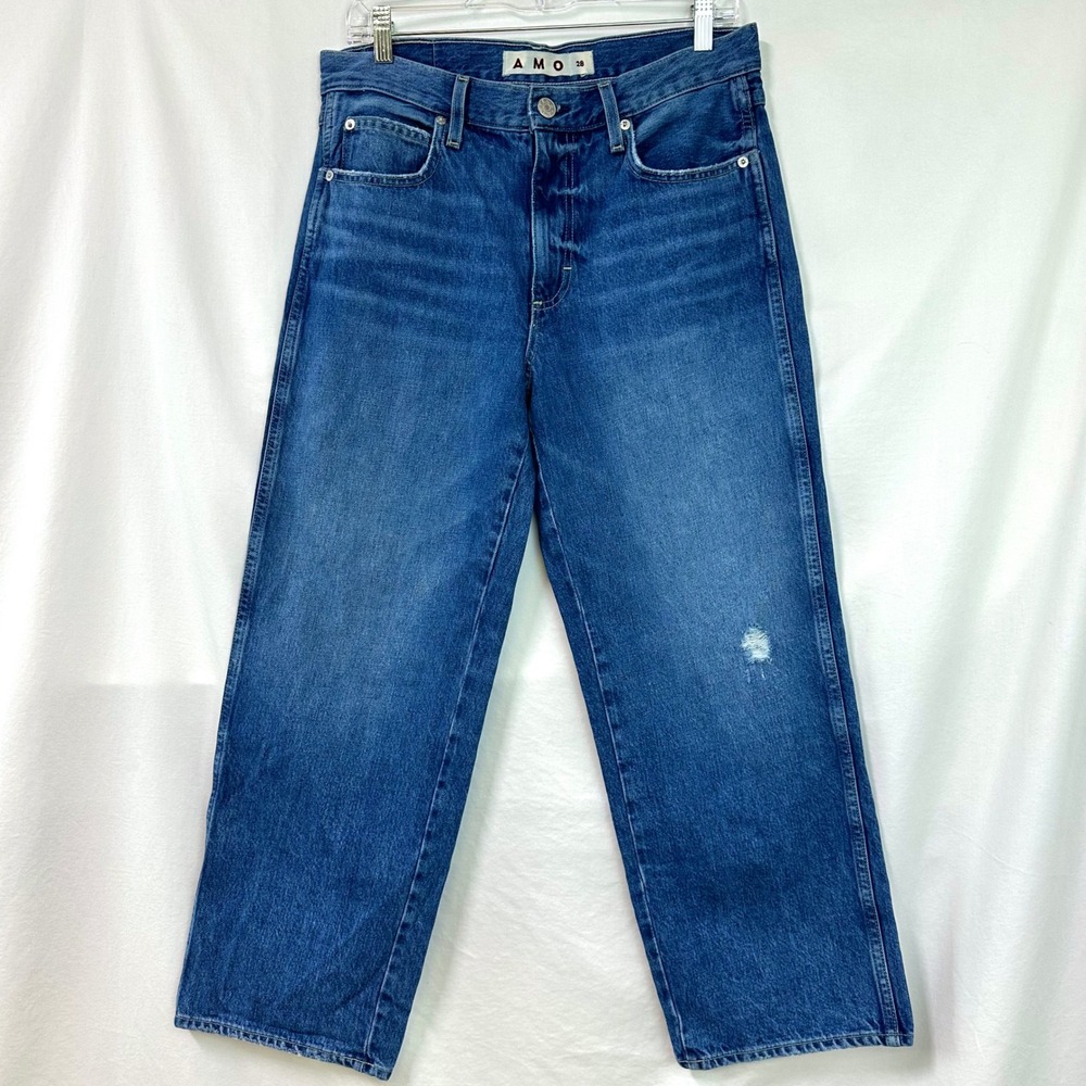 AMO Billie Warmth Blue Denim Loose Fit Wide Leg Cropped Jeans Size 28 Distressed